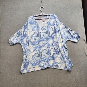 Laurie Felt Women Top 1X Blue Marble Tunic Knit 3/4 Sleeve Pullover
